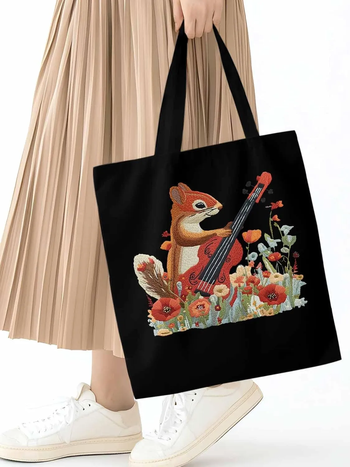 Canvas Tote Bag, Squirrel Abstract Watercolor Violin Aesthetic Canvas Tote Handbags for Women Shoulder Bag