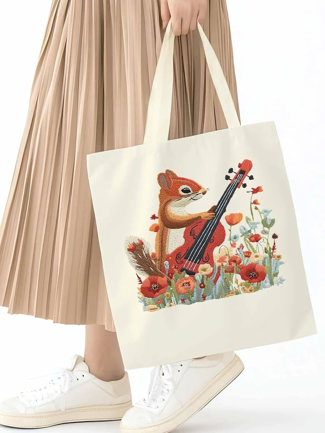 Canvas Tote Bag, Squirrel Abstract Watercolor Violin Aesthetic Canvas Tote Handbags for Women Shoulder Bag
