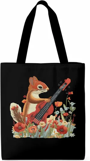 Canvas Tote Bag, Squirrel Abstract Watercolor Violin Aesthetic Canvas Tote Handbags for Women Shoulder Bag