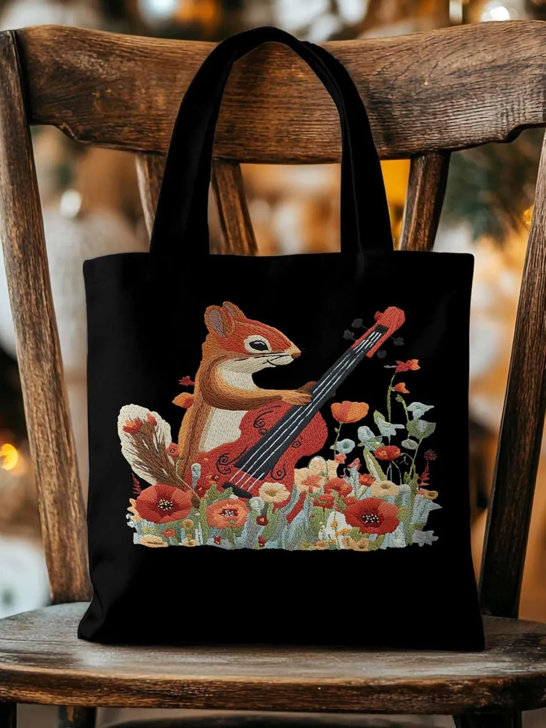 Canvas Tote Bag, Squirrel Abstract Watercolor Violin Aesthetic Canvas Tote Handbags for Women Shoulder Bag