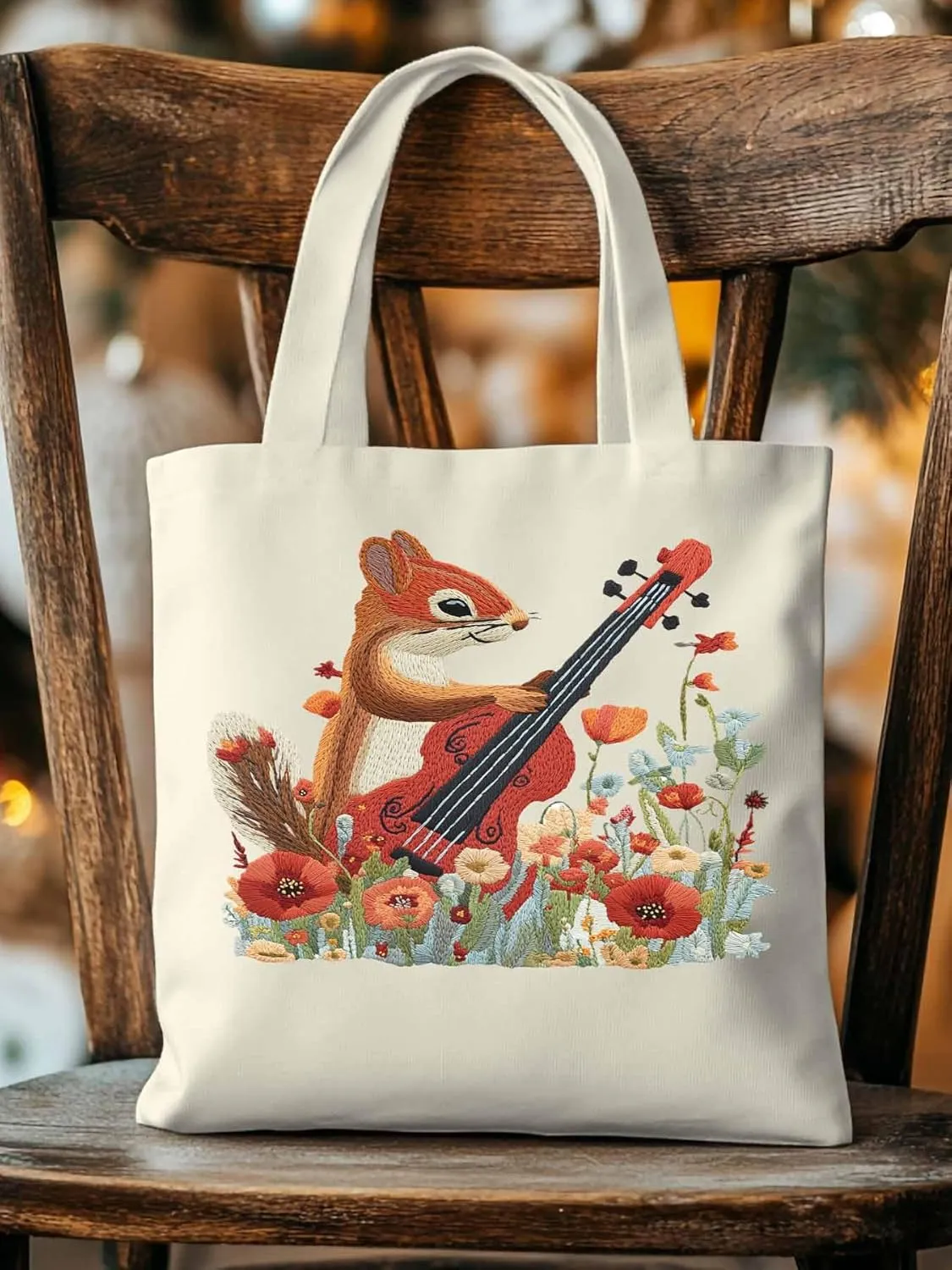 Canvas Tote Bag, Squirrel Abstract Watercolor Violin Aesthetic Canvas Tote Handbags for Women Shoulder Bag