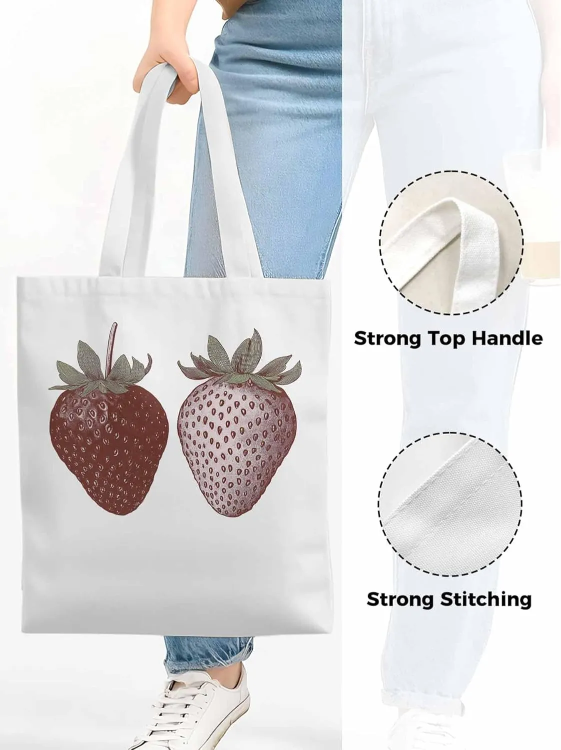 Canvas Tote Bag, Strawberry Vintage Aesthetic Canvas Tote Handbags for Women Shoulder Bag Fruit Cartoon