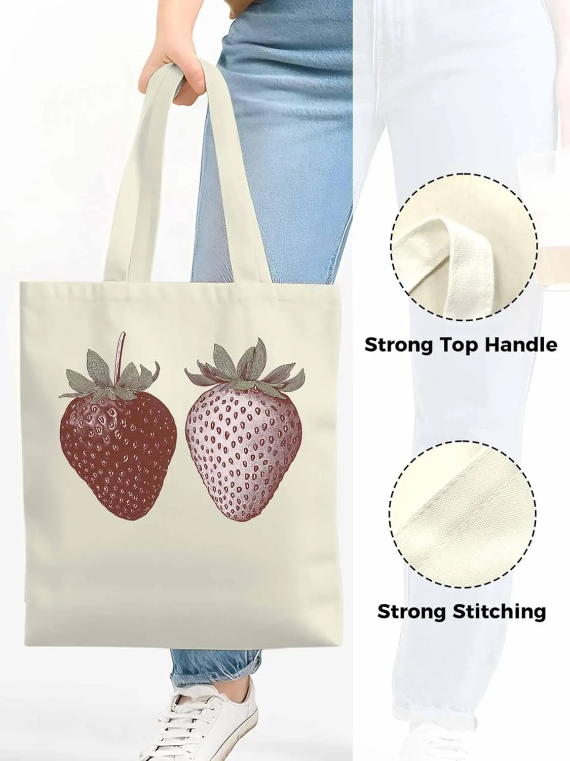 Canvas Tote Bag, Strawberry Vintage Aesthetic Canvas Tote Handbags for Women Shoulder Bag Fruit Cartoon