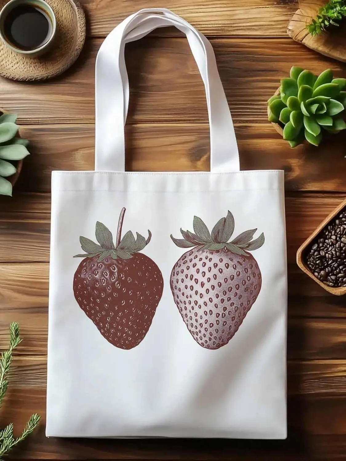 Canvas Tote Bag, Strawberry Vintage Aesthetic Canvas Tote Handbags for Women Shoulder Bag Fruit Cartoon