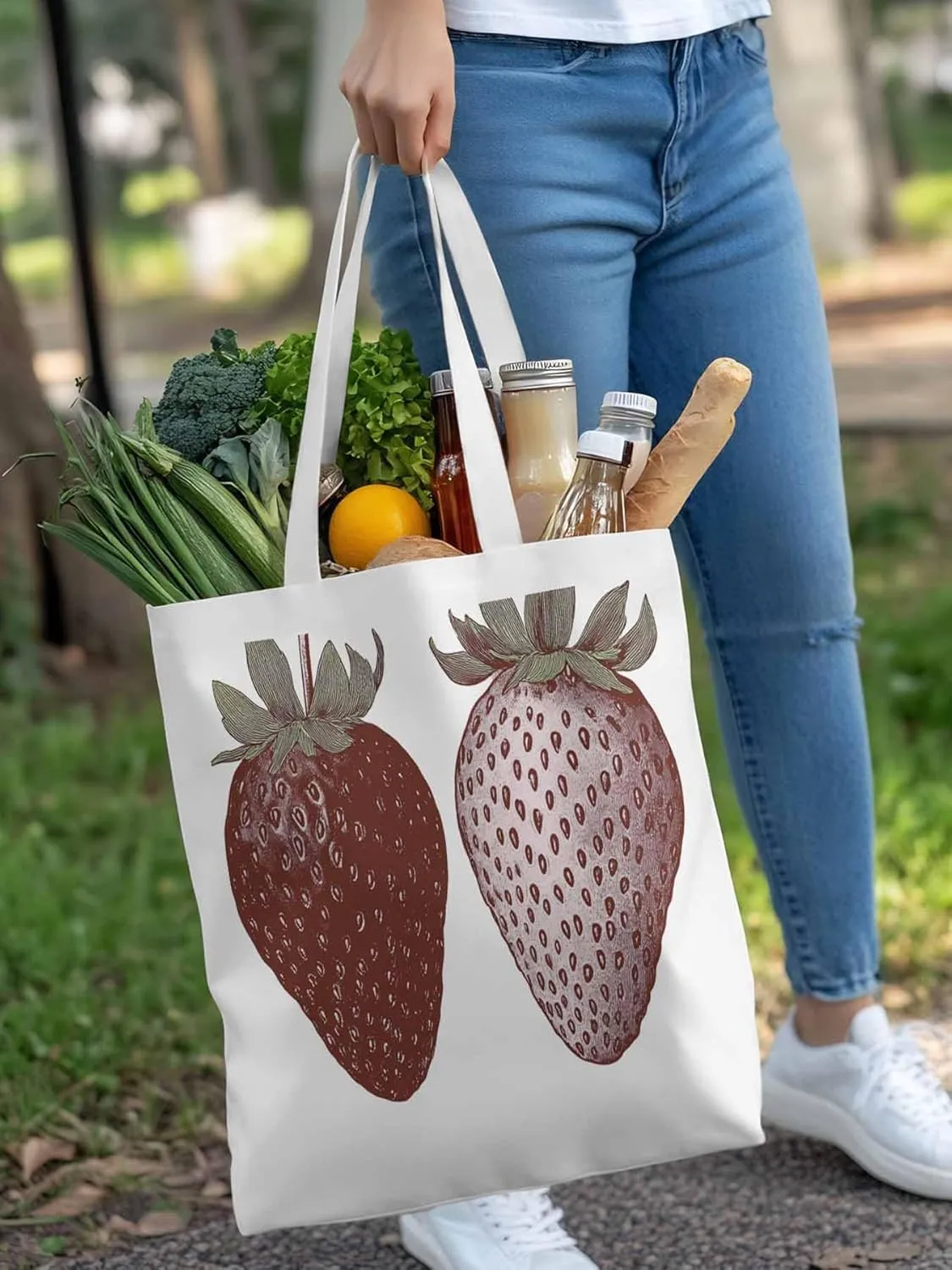 Canvas Tote Bag, Strawberry Vintage Aesthetic Canvas Tote Handbags for Women Shoulder Bag Fruit Cartoon