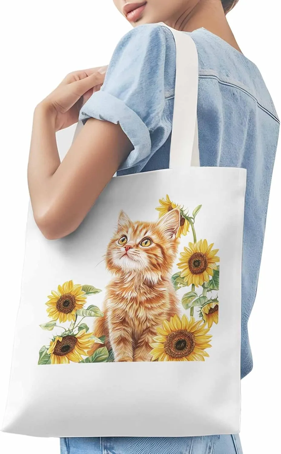 Canvas Tote Bag, Sunflower Kitten Farmhouse Aesthetic Canvas Tote Handbags for Women Shoulder Bag