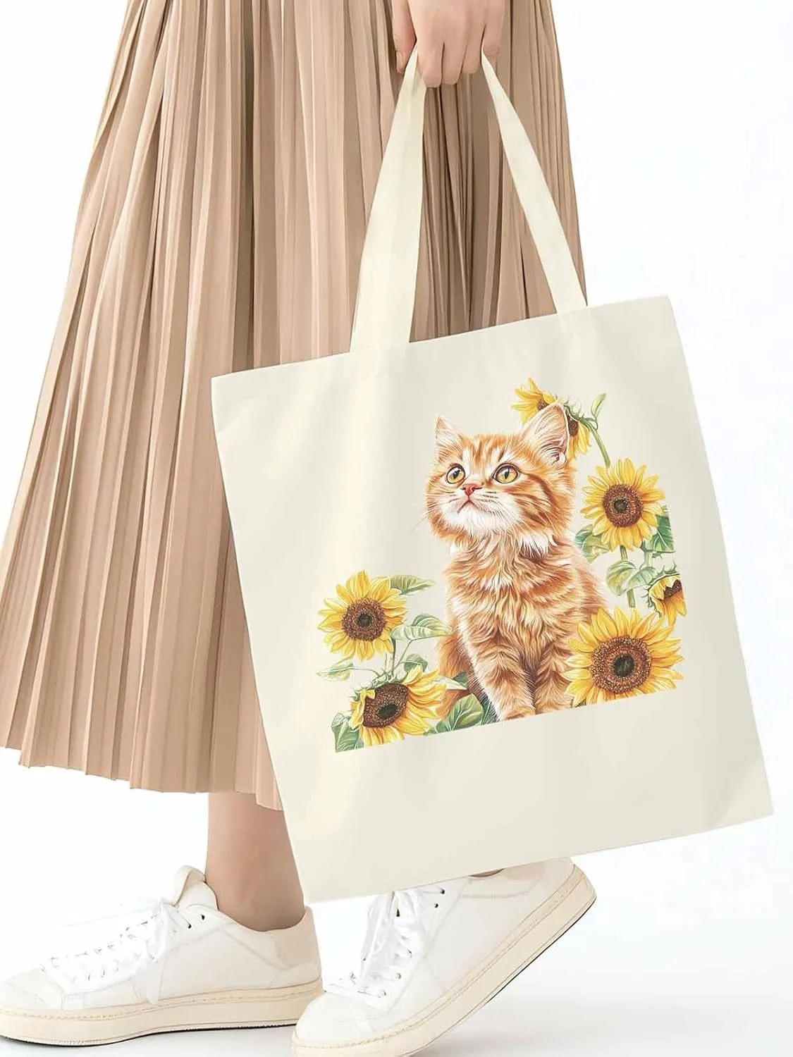 Canvas Tote Bag, Sunflower Kitten Farmhouse Aesthetic Canvas Tote Handbags for Women Shoulder Bag