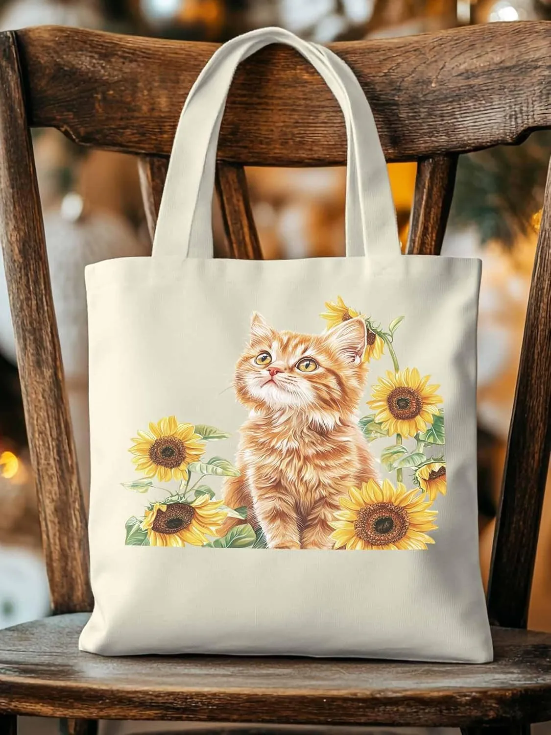 Canvas Tote Bag, Sunflower Kitten Farmhouse Aesthetic Canvas Tote Handbags for Women Shoulder Bag