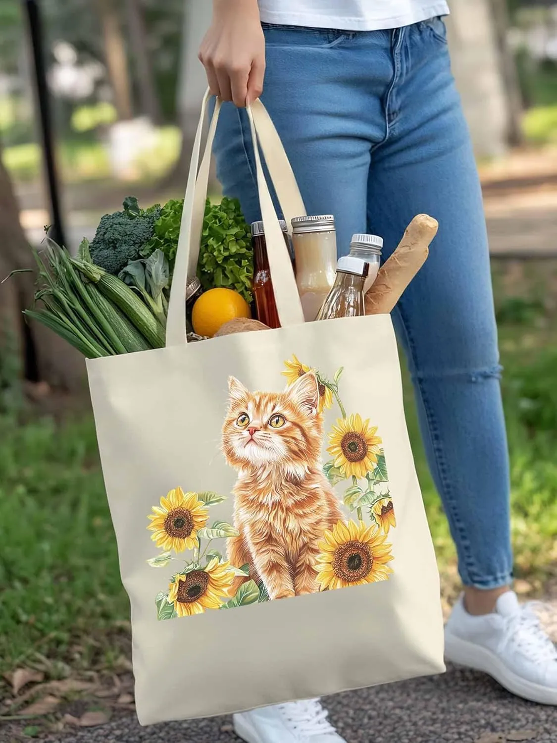 Canvas Tote Bag, Sunflower Kitten Farmhouse Aesthetic Canvas Tote Handbags for Women Shoulder Bag