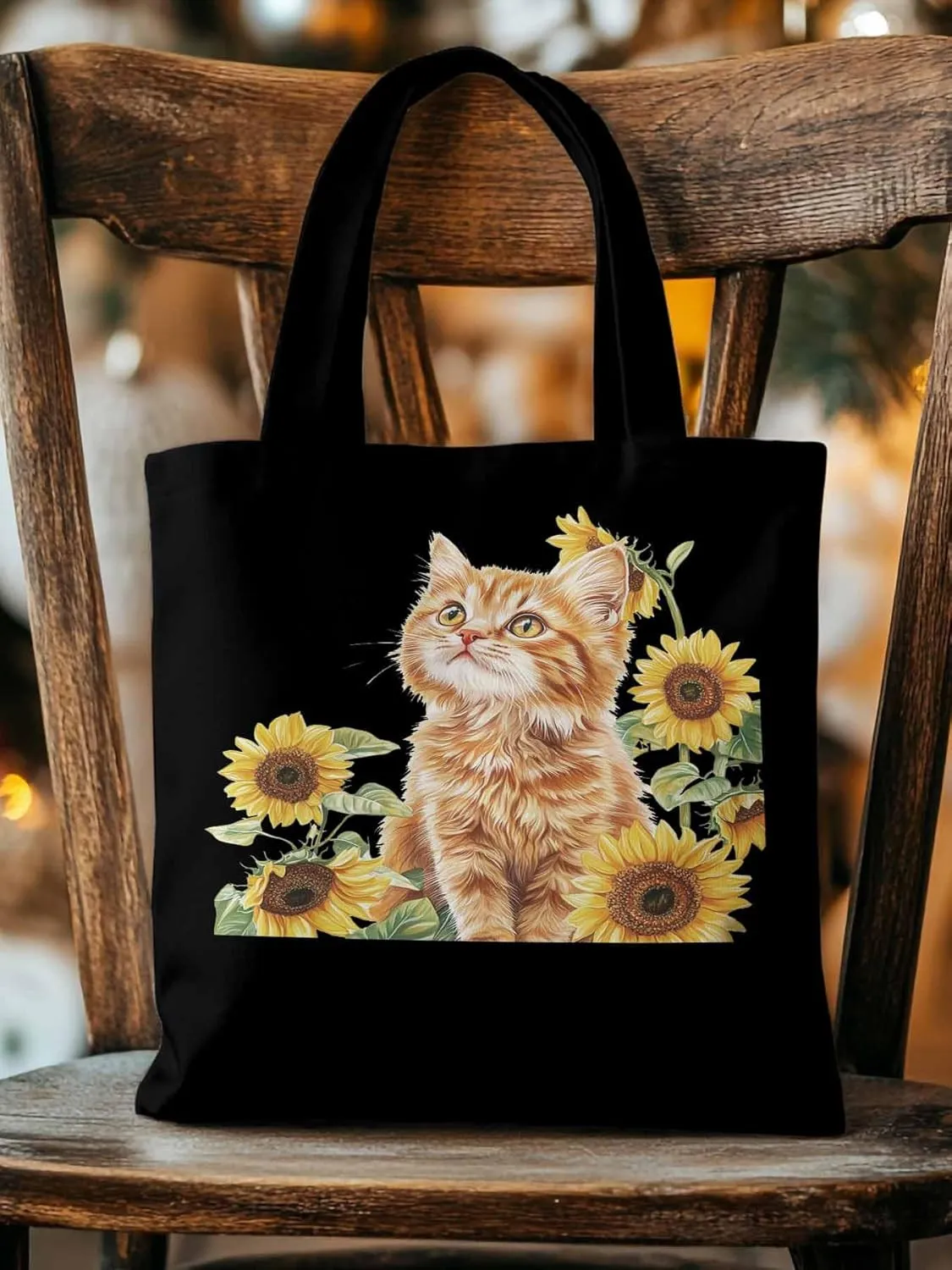 Canvas Tote Bag, Sunflower Kitten Farmhouse Aesthetic Canvas Tote Handbags for Women Shoulder Bag