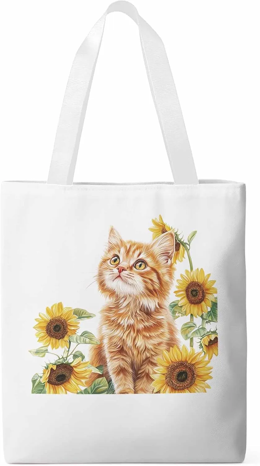 Canvas Tote Bag, Sunflower Kitten Farmhouse Aesthetic Canvas Tote Handbags for Women Shoulder Bag