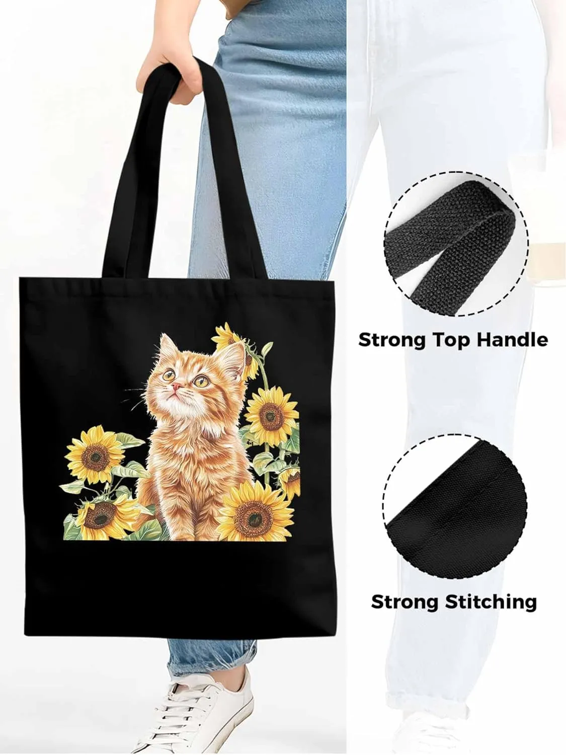 Canvas Tote Bag, Sunflower Kitten Farmhouse Aesthetic Canvas Tote Handbags for Women Shoulder Bag