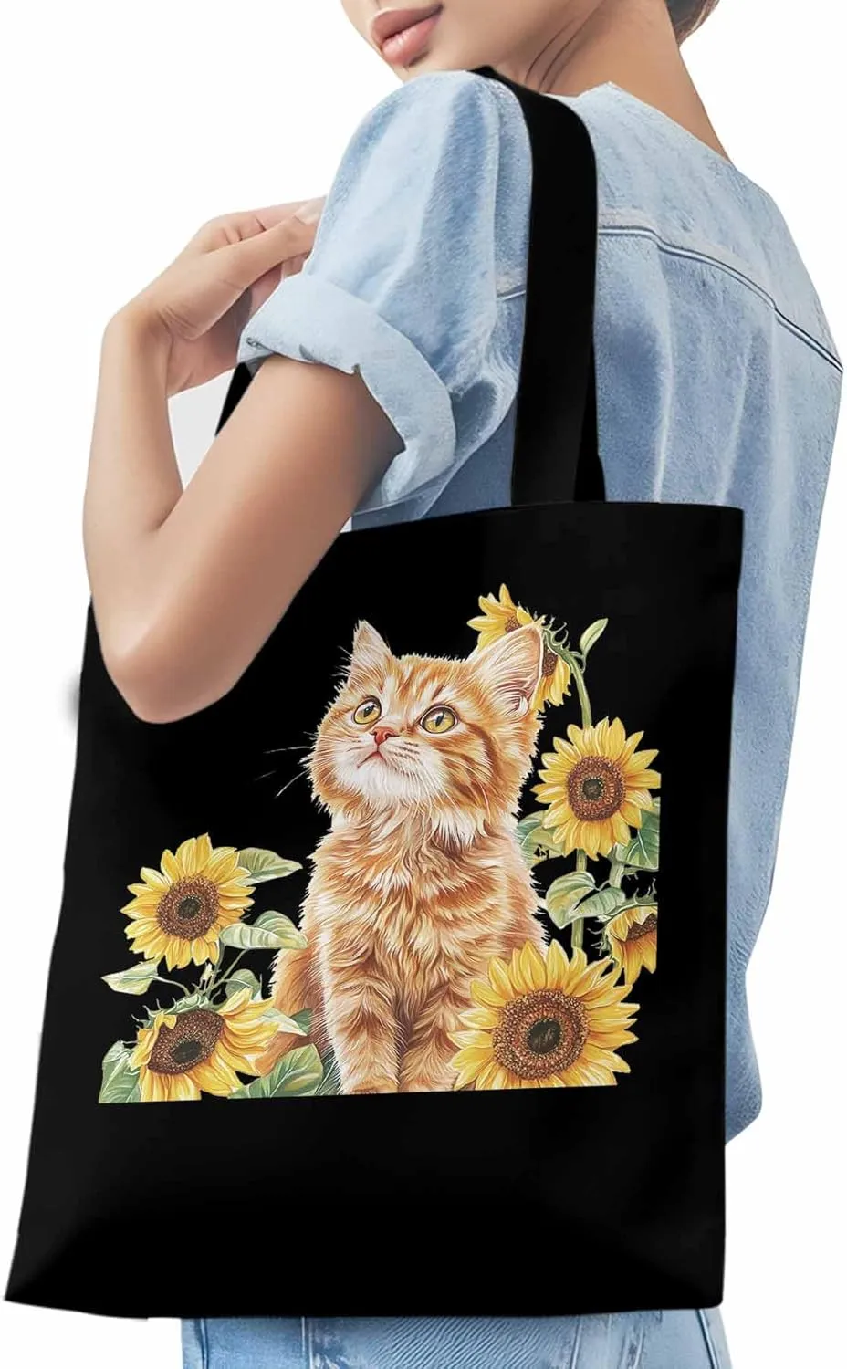 Canvas Tote Bag, Sunflower Kitten Farmhouse Aesthetic Canvas Tote Handbags for Women Shoulder Bag
