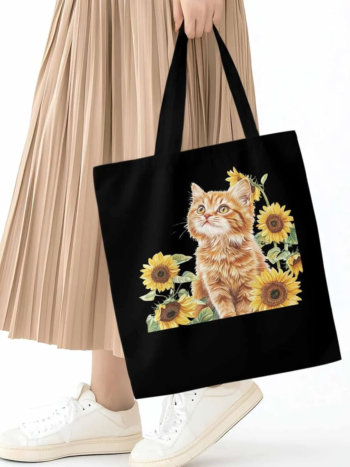 Canvas Tote Bag, Sunflower Kitten Farmhouse Aesthetic Canvas Tote Handbags for Women Shoulder Bag
