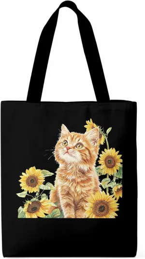 Canvas Tote Bag, Sunflower Kitten Farmhouse Aesthetic Canvas Tote Handbags for Women Shoulder Bag