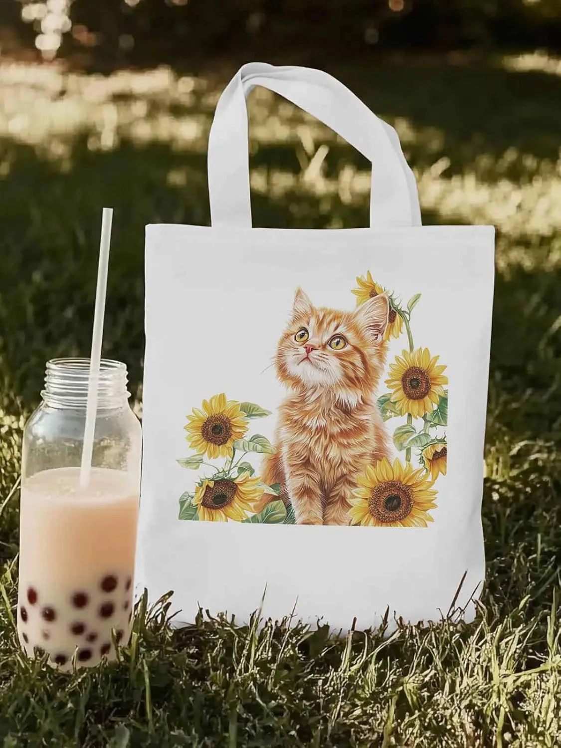 Canvas Tote Bag, Sunflower Kitten Farmhouse Aesthetic Canvas Tote Handbags for Women Shoulder Bag