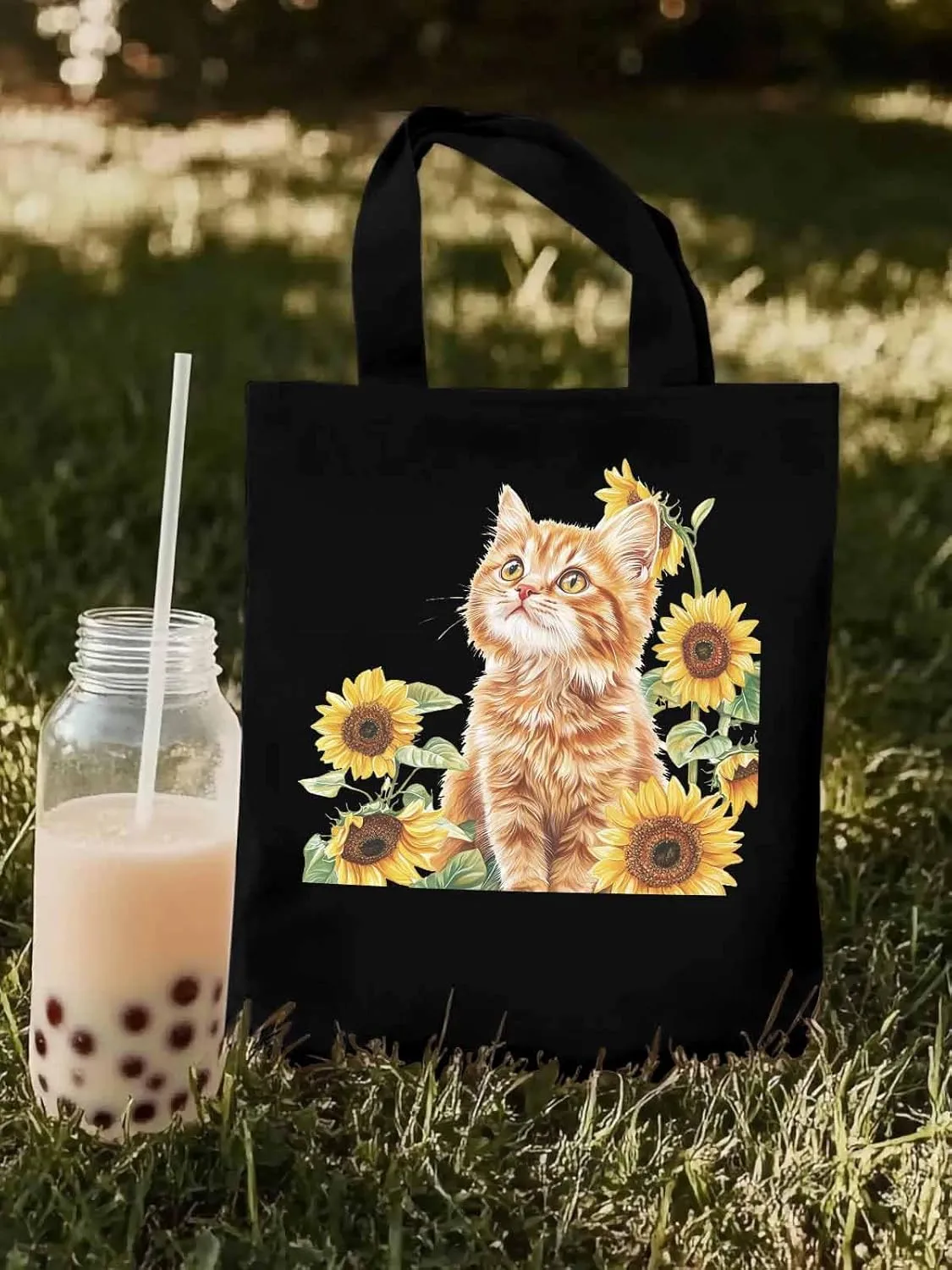 Canvas Tote Bag, Sunflower Kitten Farmhouse Aesthetic Canvas Tote Handbags for Women Shoulder Bag