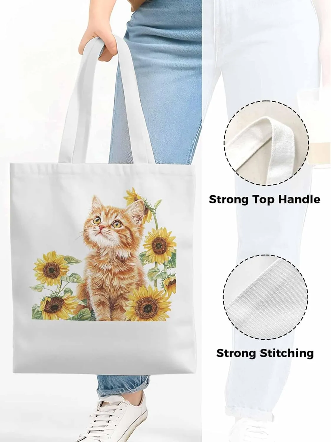 Canvas Tote Bag, Sunflower Kitten Farmhouse Aesthetic Canvas Tote Handbags for Women Shoulder Bag
