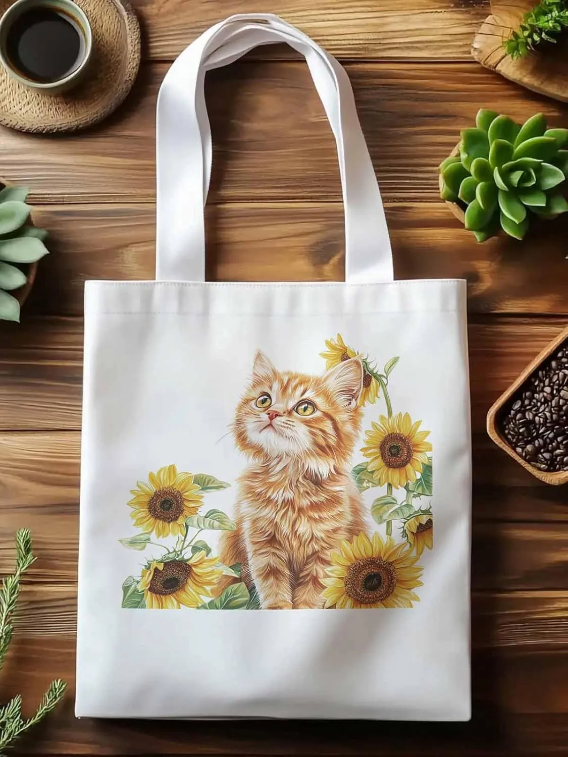 Canvas Tote Bag, Sunflower Kitten Farmhouse Aesthetic Canvas Tote Handbags for Women Shoulder Bag