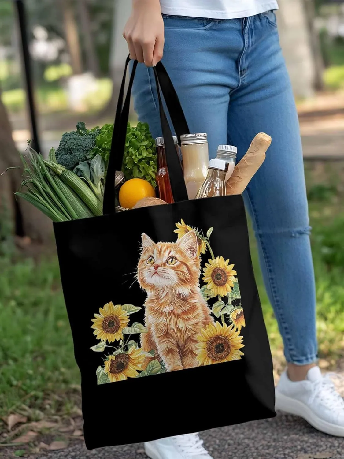 Canvas Tote Bag, Sunflower Kitten Farmhouse Aesthetic Canvas Tote Handbags for Women Shoulder Bag