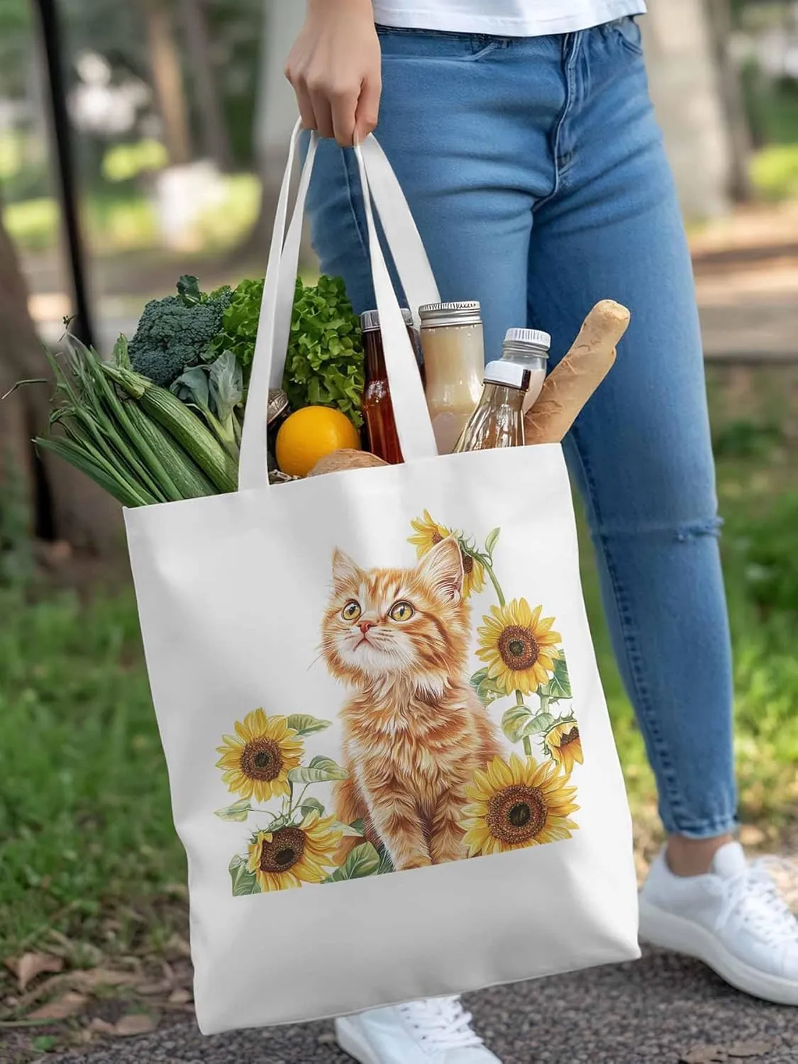 Canvas Tote Bag, Sunflower Kitten Farmhouse Aesthetic Canvas Tote Handbags for Women Shoulder Bag