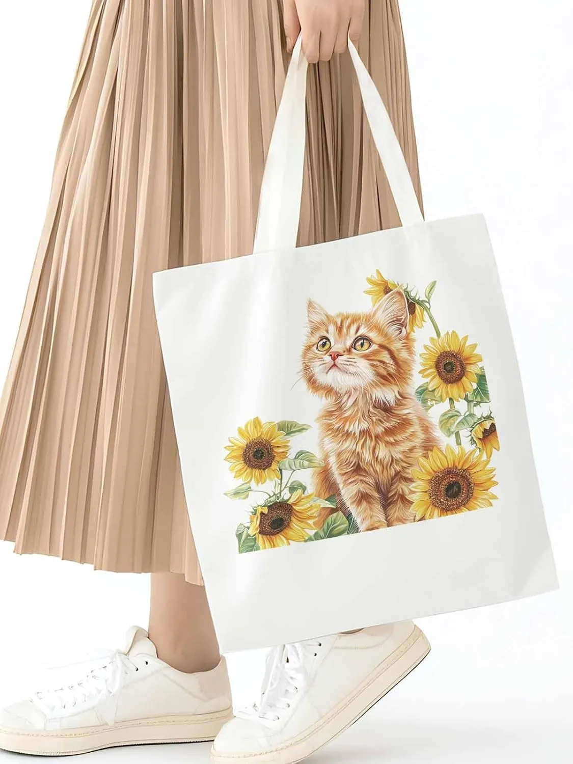 Canvas Tote Bag, Sunflower Kitten Farmhouse Aesthetic Canvas Tote Handbags for Women Shoulder Bag