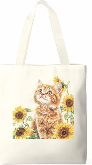 Canvas Tote Bag, Sunflower Kitten Farmhouse Aesthetic Canvas Tote Handbags for Women Shoulder Bag