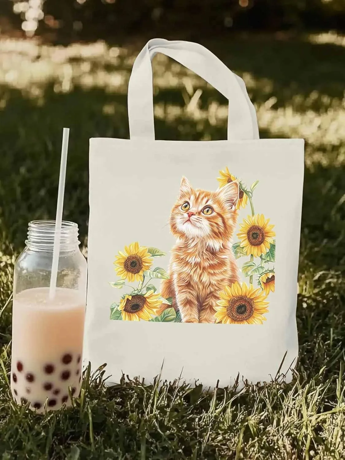 Canvas Tote Bag, Sunflower Kitten Farmhouse Aesthetic Canvas Tote Handbags for Women Shoulder Bag