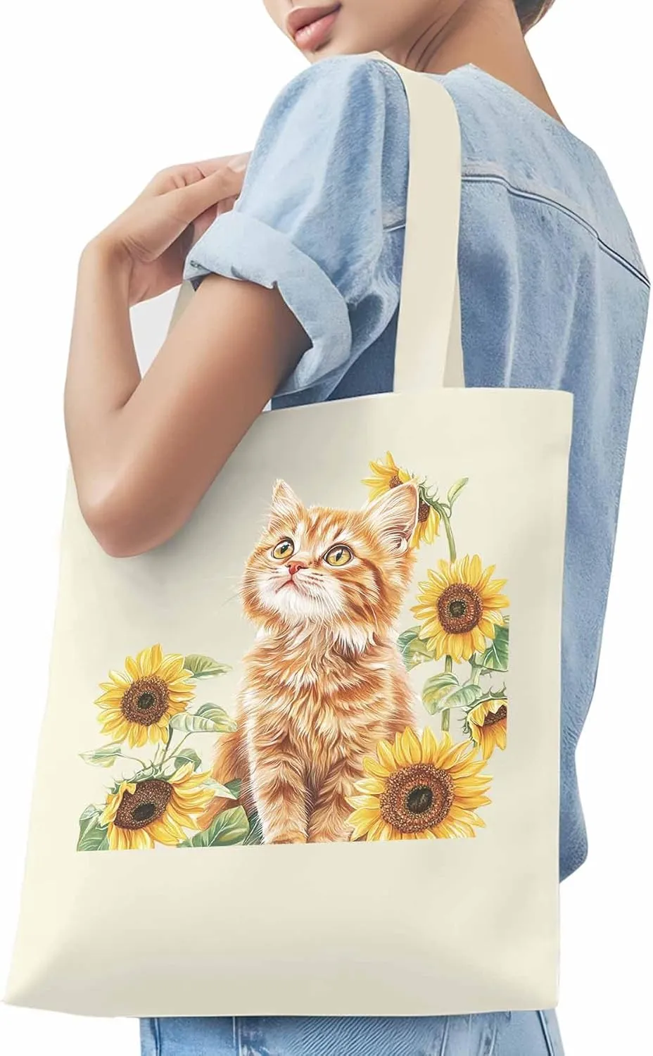Canvas Tote Bag, Sunflower Kitten Farmhouse Aesthetic Canvas Tote Handbags for Women Shoulder Bag