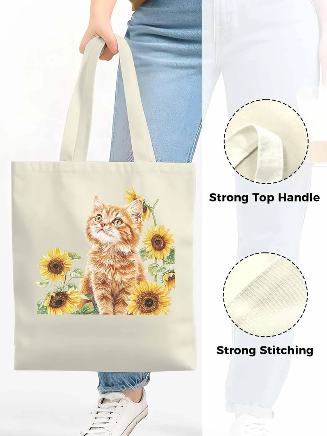 Canvas Tote Bag, Sunflower Kitten Farmhouse Aesthetic Canvas Tote Handbags for Women Shoulder Bag