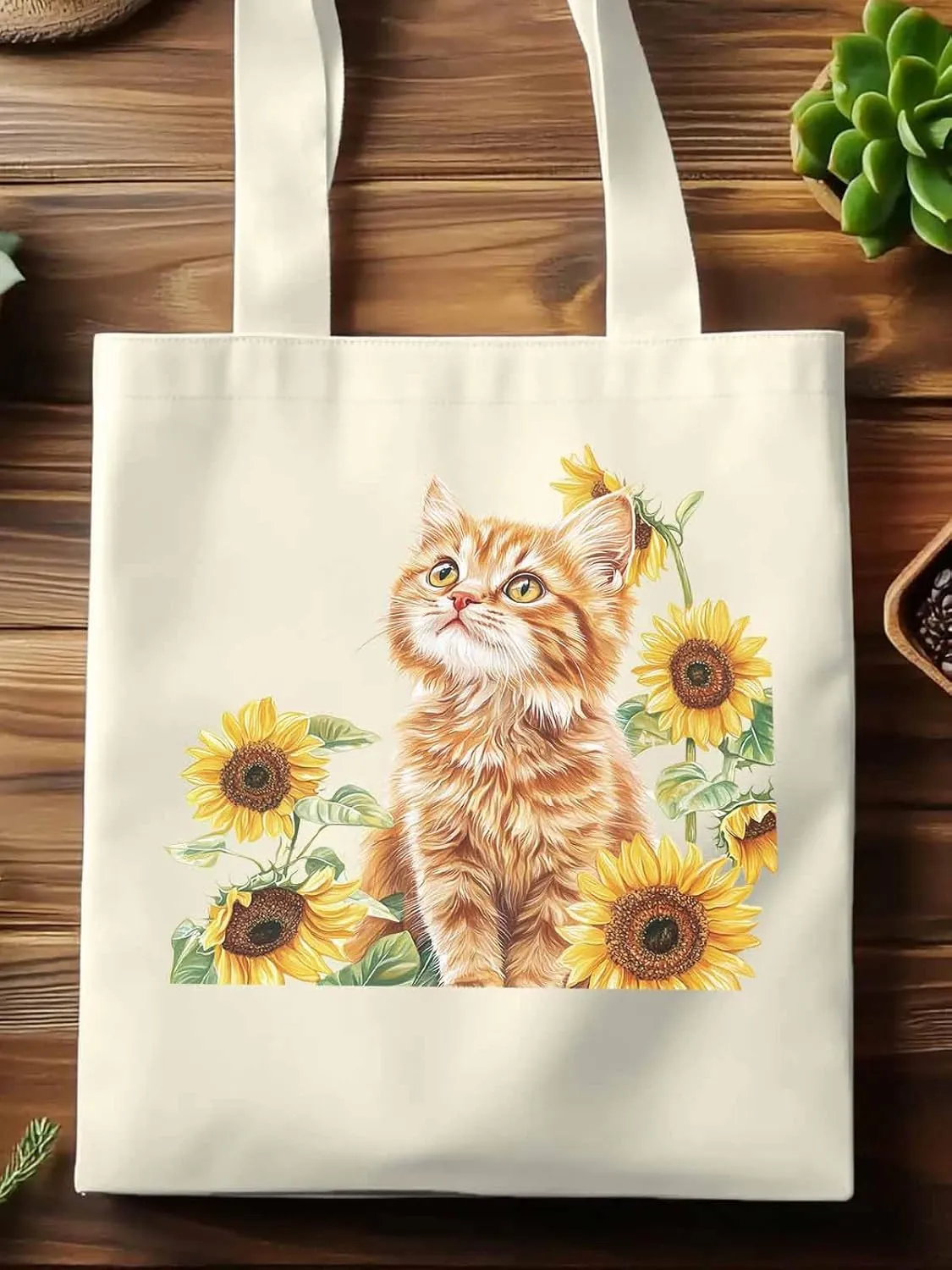 Canvas Tote Bag, Sunflower Kitten Farmhouse Aesthetic Canvas Tote Handbags for Women Shoulder Bag