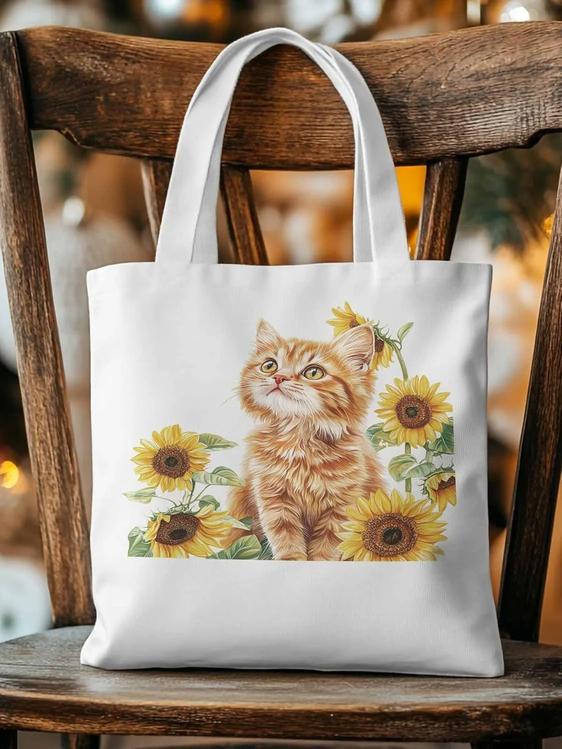 Canvas Tote Bag, Sunflower Kitten Farmhouse Aesthetic Canvas Tote Handbags for Women Shoulder Bag