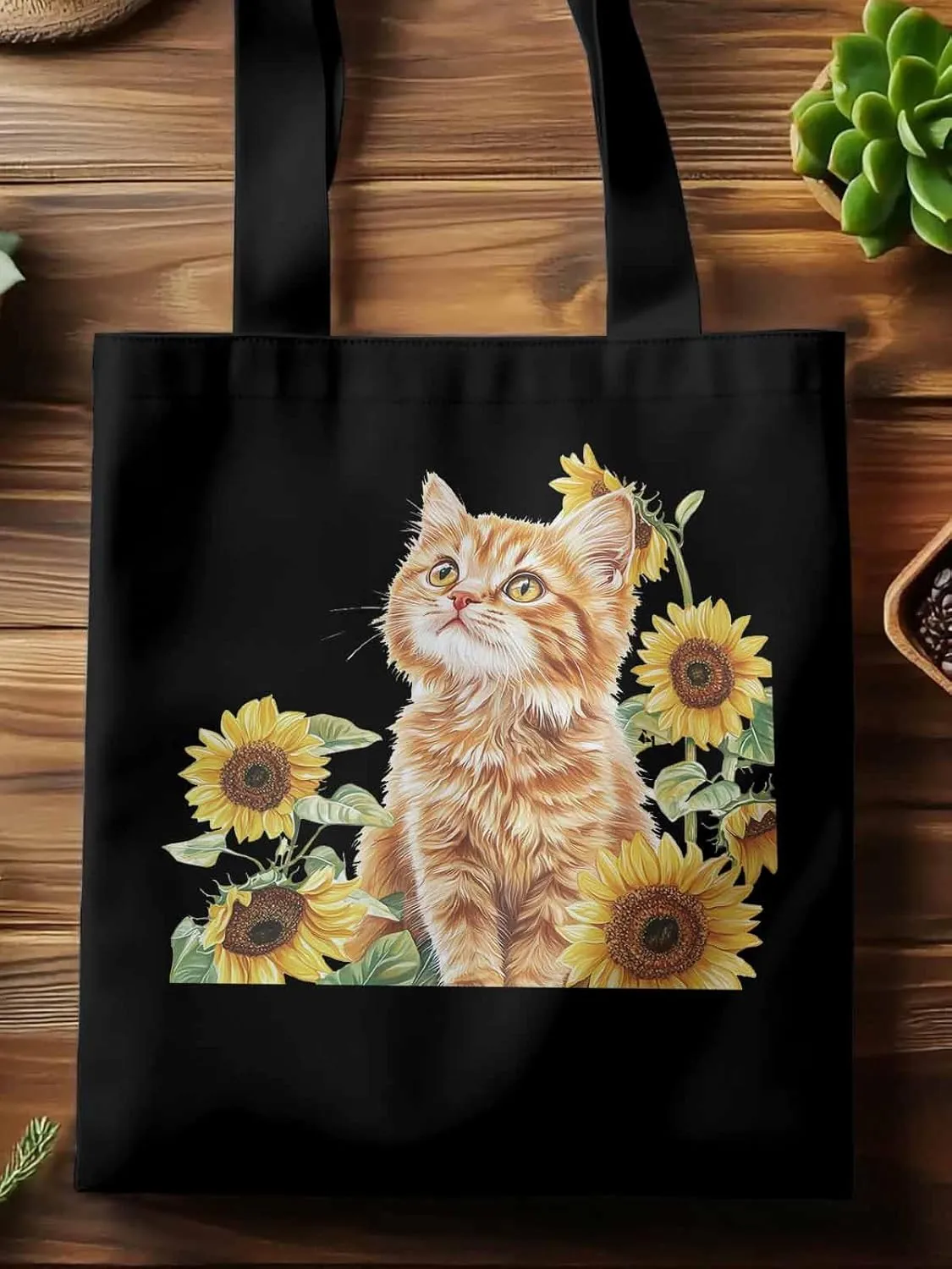 Canvas Tote Bag, Sunflower Kitten Farmhouse Aesthetic Canvas Tote Handbags for Women Shoulder Bag