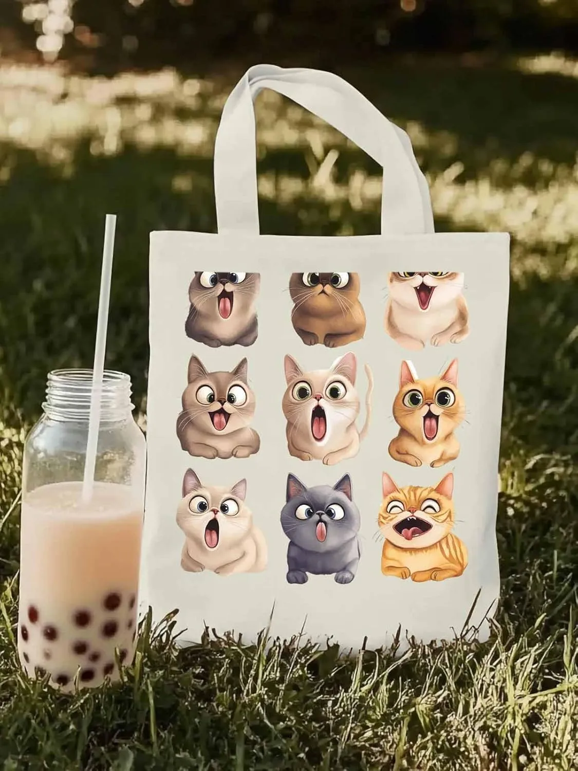 Canvas Tote Bag, Surprised Cats Group Photo Aesthetic Canvas Tote Handbags for Women Shoulder Bag,