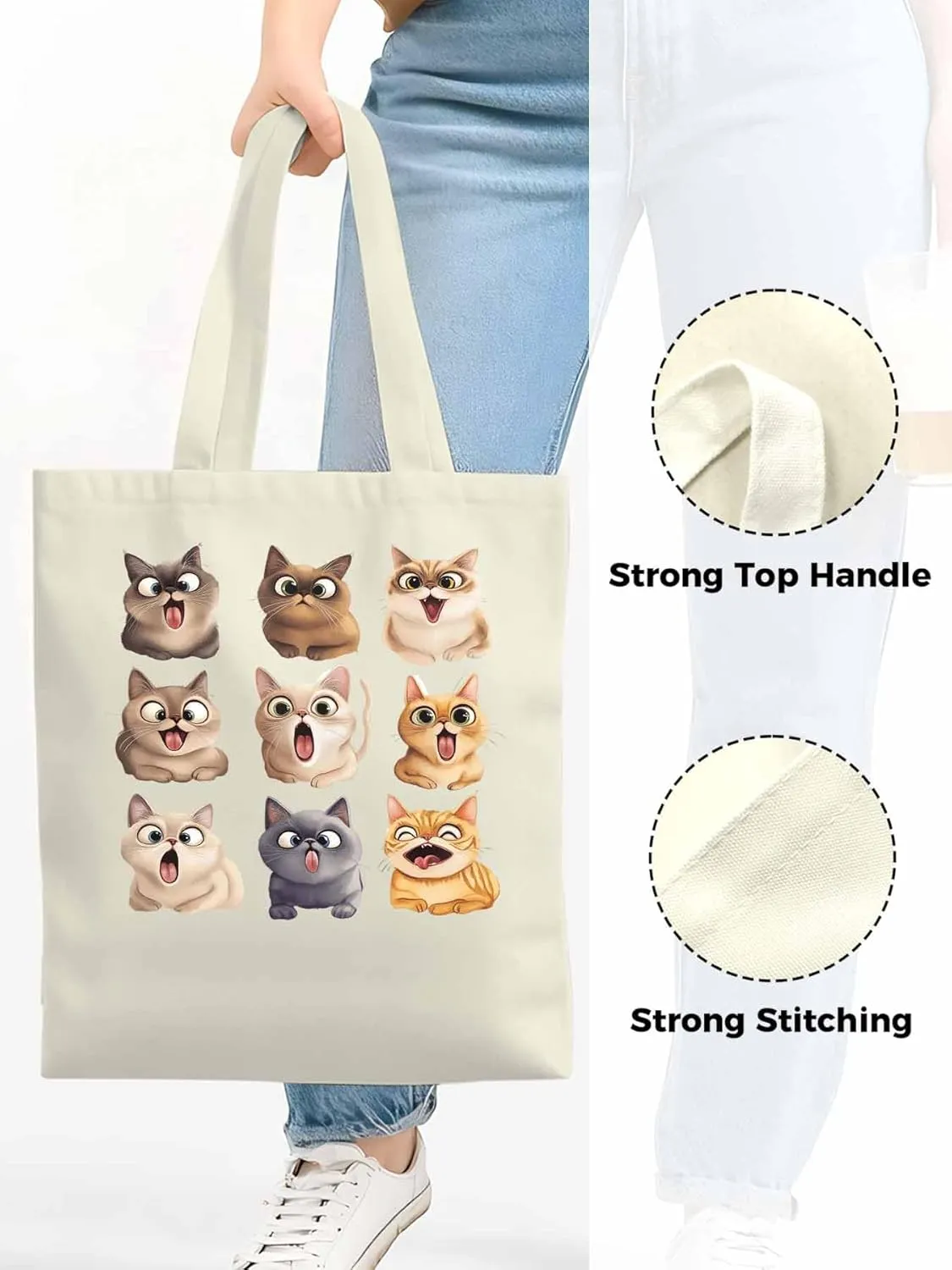 Canvas Tote Bag, Surprised Cats Group Photo Aesthetic Canvas Tote Handbags for Women Shoulder Bag,