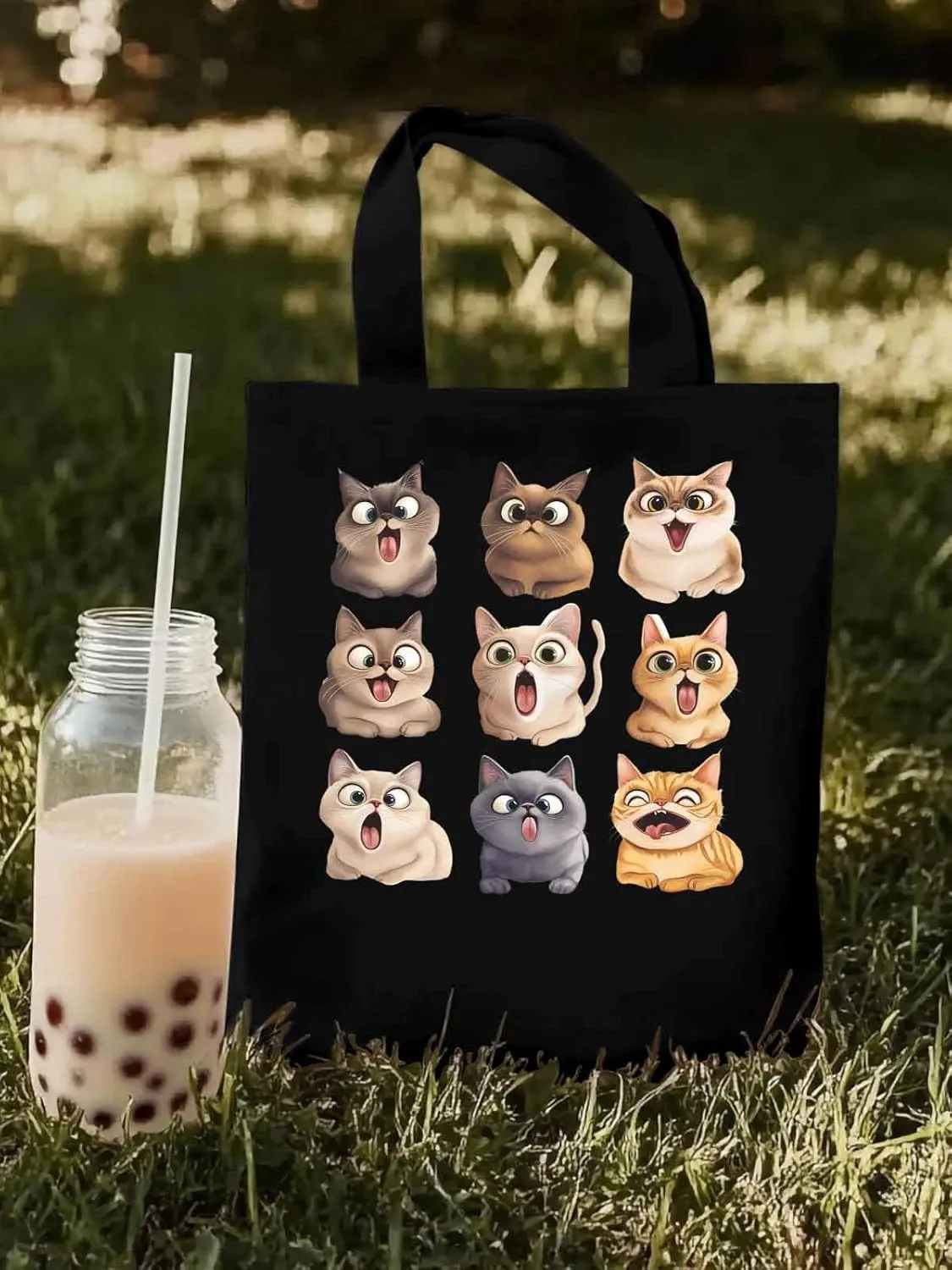 Canvas Tote Bag, Surprised Cats Group Photo Aesthetic Canvas Tote Handbags for Women Shoulder Bag,