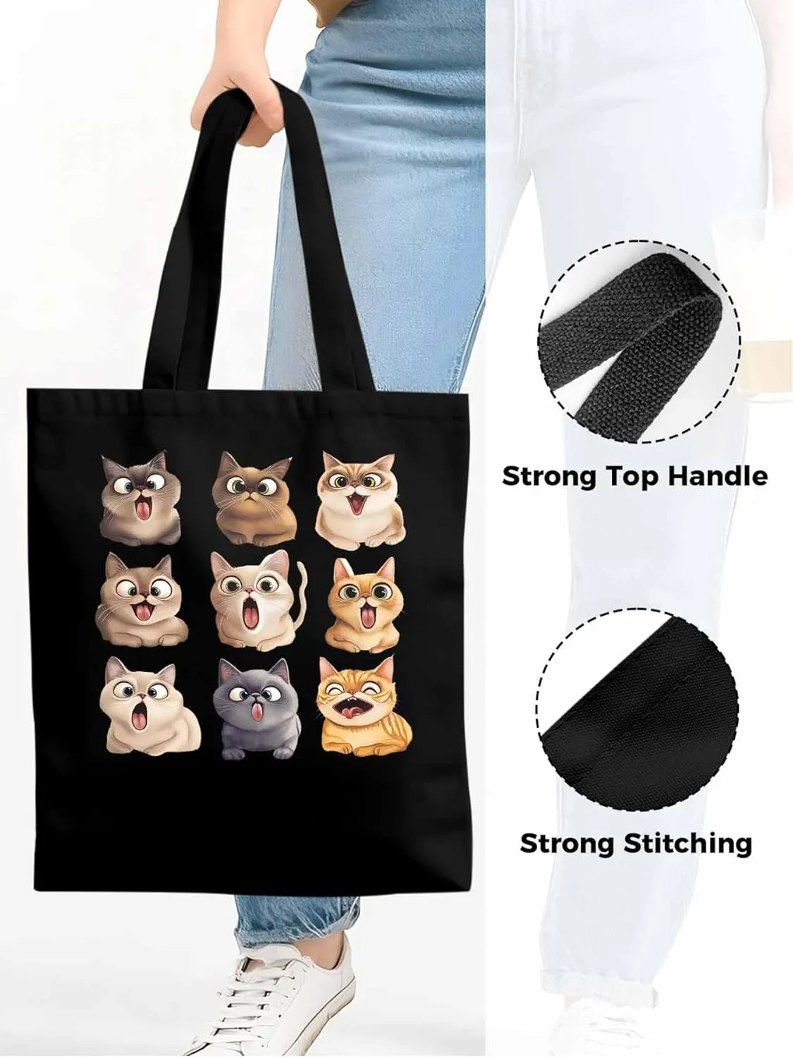 Canvas Tote Bag, Surprised Cats Group Photo Aesthetic Canvas Tote Handbags for Women Shoulder Bag,