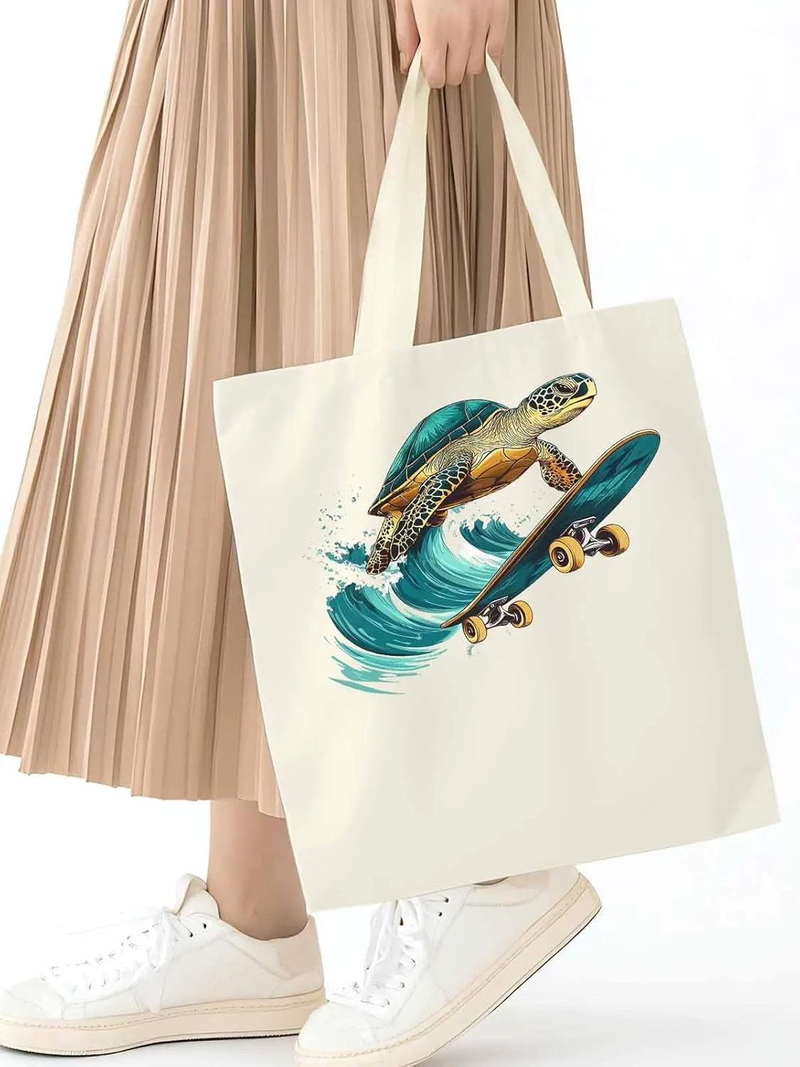 Canvas Tote Bag, Teal Sea Turtle Surfing Aesthetic Canvas Tote Handbags for Women Shoulder Bag