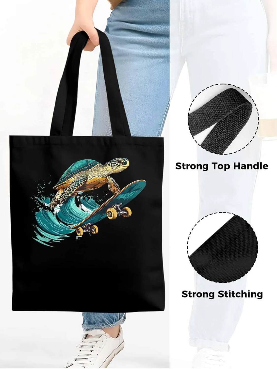 Canvas Tote Bag, Teal Sea Turtle Surfing Aesthetic Canvas Tote Handbags for Women Shoulder Bag