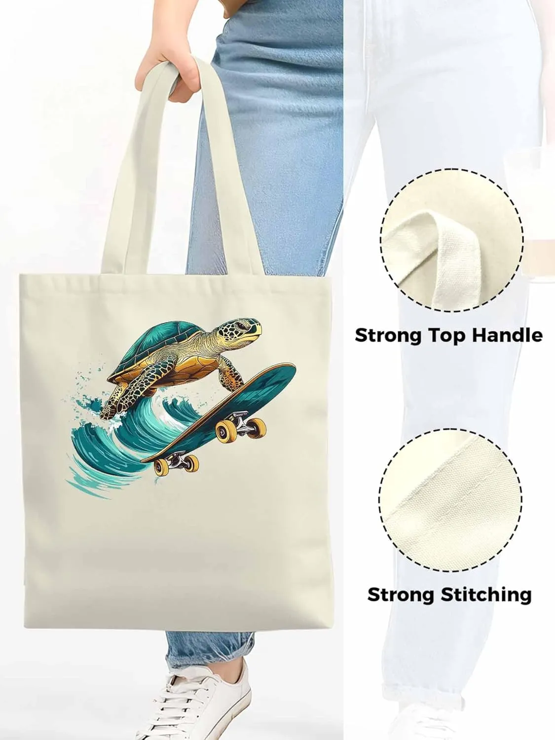 Canvas Tote Bag, Teal Sea Turtle Surfing Aesthetic Canvas Tote Handbags for Women Shoulder Bag