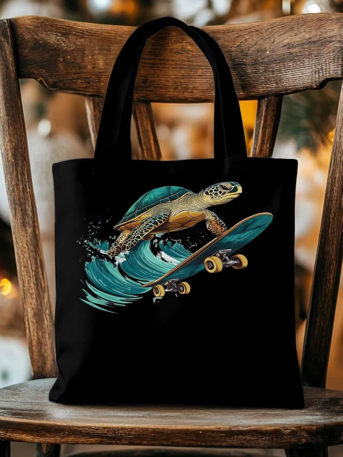 Canvas Tote Bag, Teal Sea Turtle Surfing Aesthetic Canvas Tote Handbags for Women Shoulder Bag
