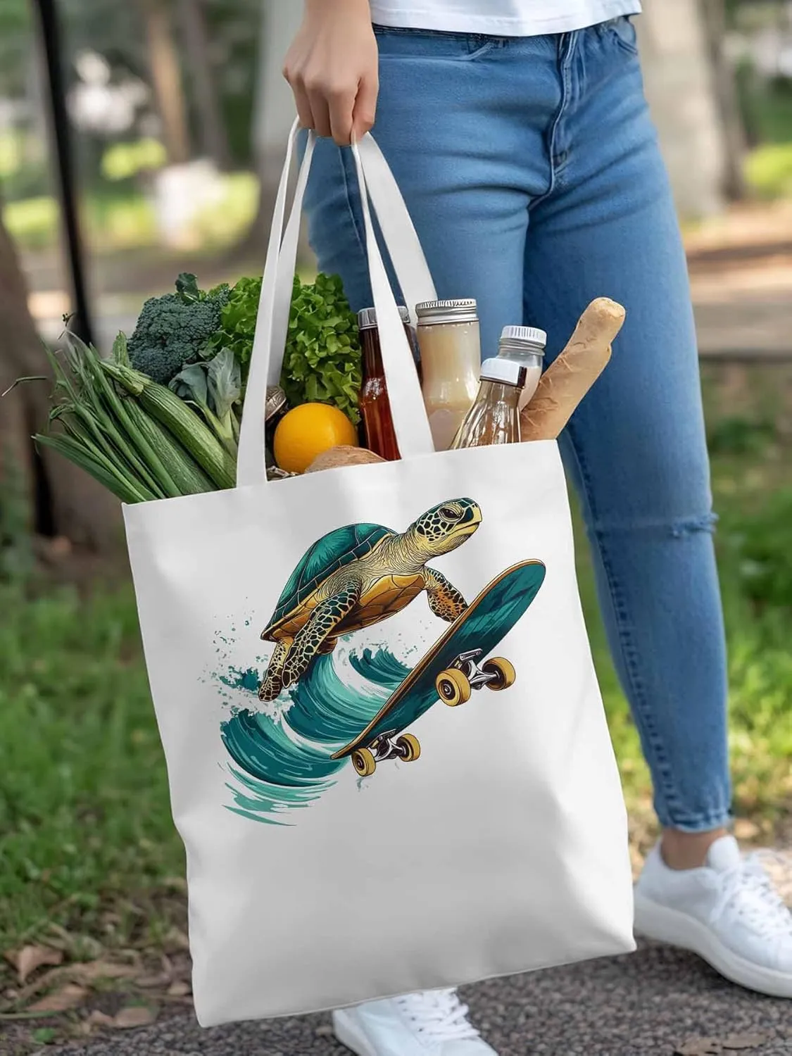 Canvas Tote Bag, Teal Sea Turtle Surfing Aesthetic Canvas Tote Handbags for Women Shoulder Bag