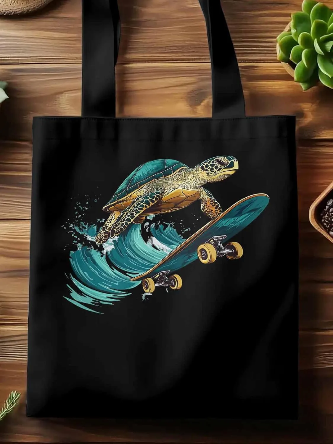 Canvas Tote Bag, Teal Sea Turtle Surfing Aesthetic Canvas Tote Handbags for Women Shoulder Bag
