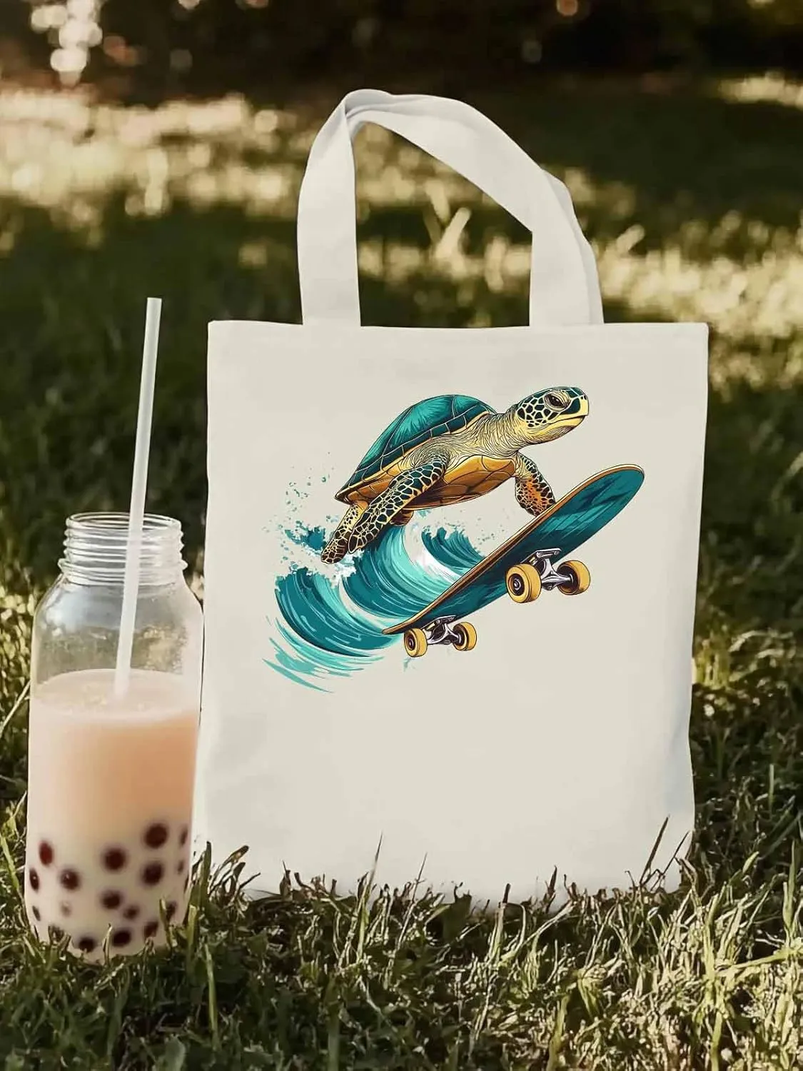 Canvas Tote Bag, Teal Sea Turtle Surfing Aesthetic Canvas Tote Handbags for Women Shoulder Bag