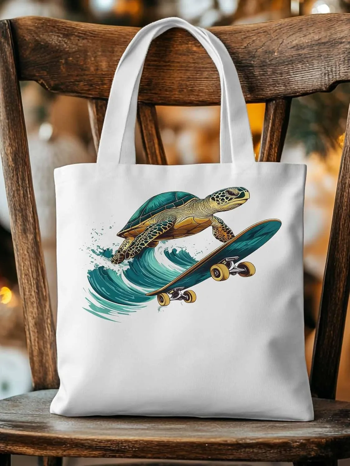Canvas Tote Bag, Teal Sea Turtle Surfing Aesthetic Canvas Tote Handbags for Women Shoulder Bag
