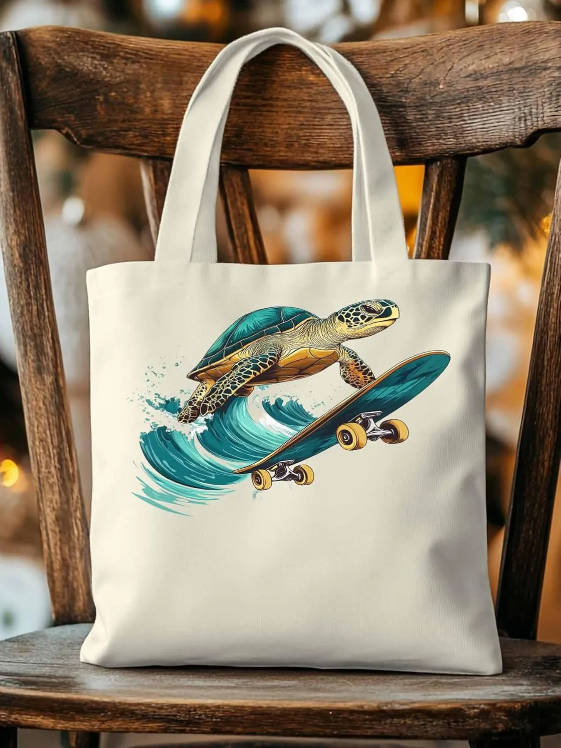 Canvas Tote Bag, Teal Sea Turtle Surfing Aesthetic Canvas Tote Handbags for Women Shoulder Bag