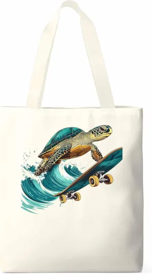 Canvas Tote Bag, Teal Sea Turtle Surfing Aesthetic Canvas Tote Handbags for Women Shoulder Bag