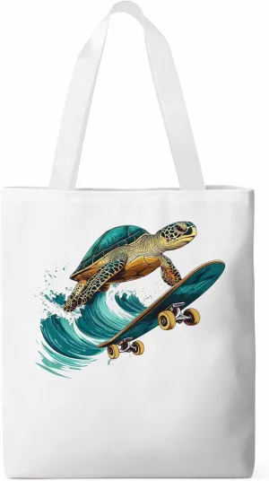 Canvas Tote Bag, Teal Sea Turtle Surfing Aesthetic Canvas Tote Handbags for Women Shoulder Bag