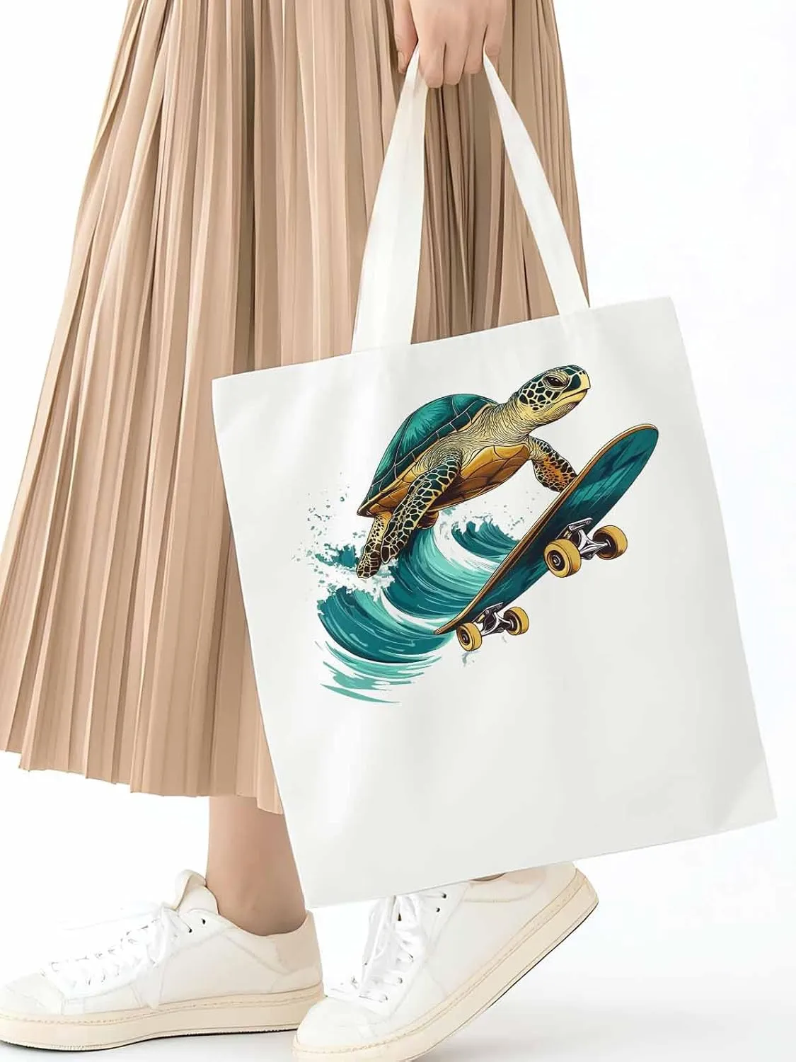 Canvas Tote Bag, Teal Sea Turtle Surfing Aesthetic Canvas Tote Handbags for Women Shoulder Bag