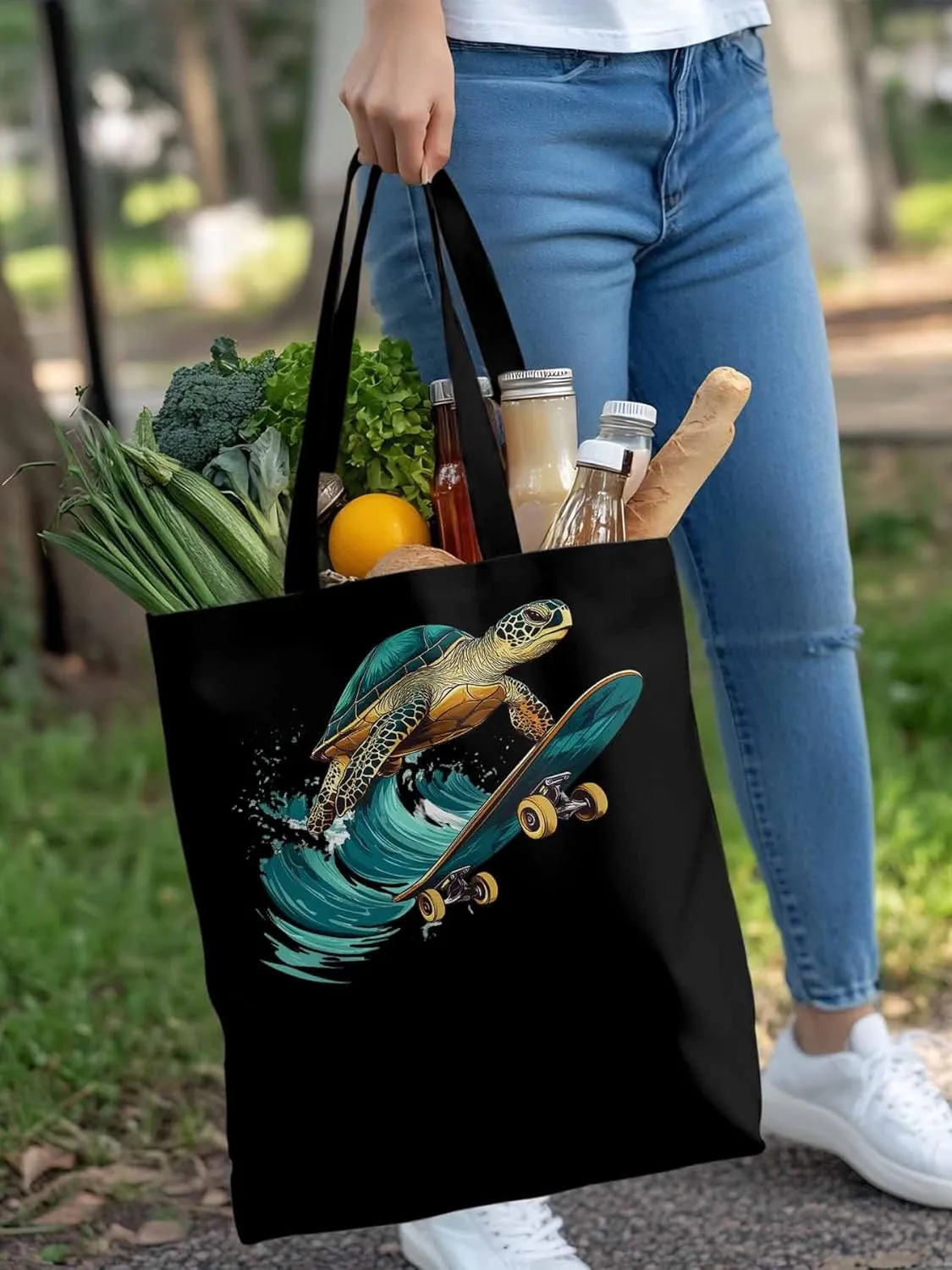 Canvas Tote Bag, Teal Sea Turtle Surfing Aesthetic Canvas Tote Handbags for Women Shoulder Bag